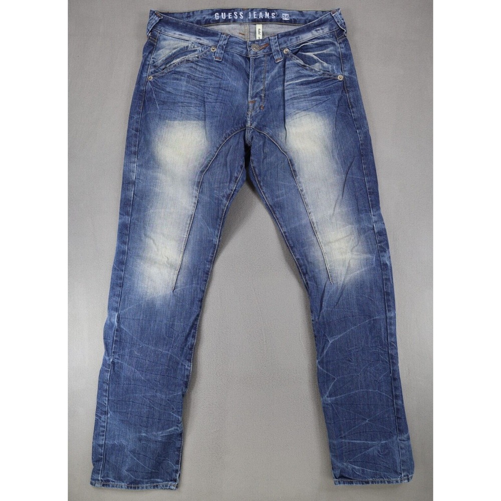 Guess Jeans Men's 36X33 Blue Denim Rebel‎ Regular Straight Leg Moto Whiskered